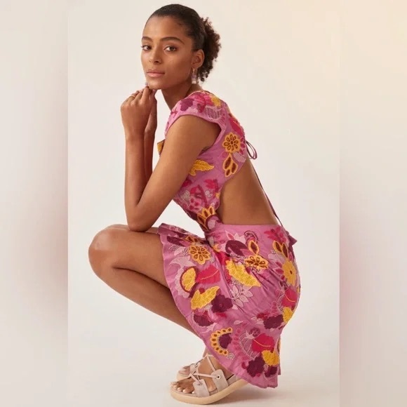 NWT Maeve from Anthropologie Pink/ Purple Embroidered Dress - 8 - Picture 2 of 9